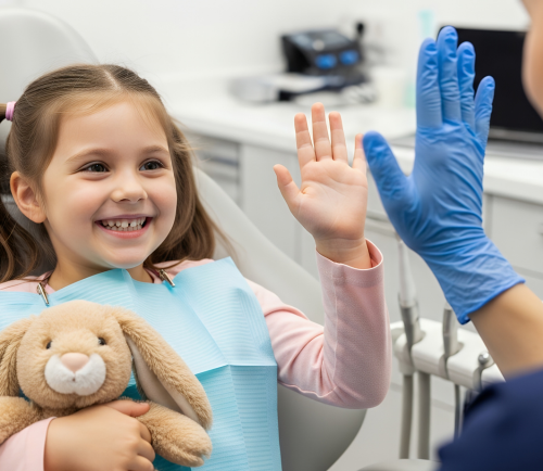 Young girl in a dental chair giving a high-five to a gloved dentist, holding a stuffed bunny.