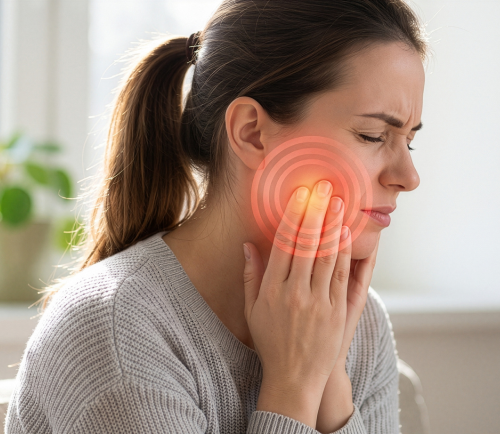 Woman in a gray sweater pinching her cheek with a pained expression, red rings indicating facial pain centered on her jaw/cheek area